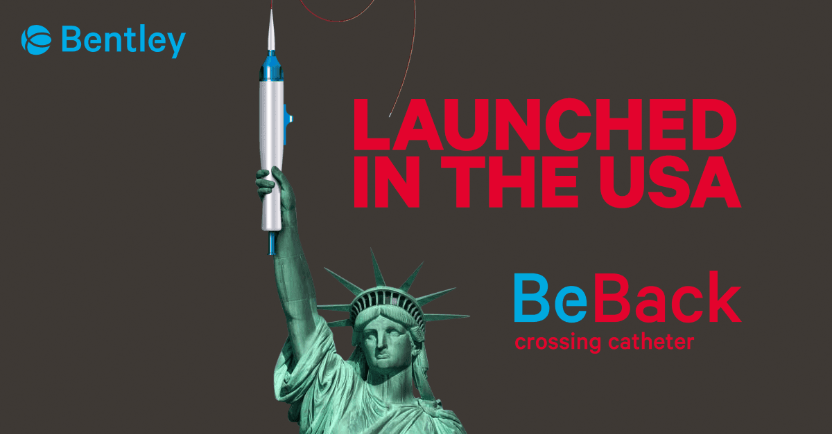 Statue of Liberty holding a medical device, with text "Launched in the USA" and "BeBack crossing catheter" on a dark background.