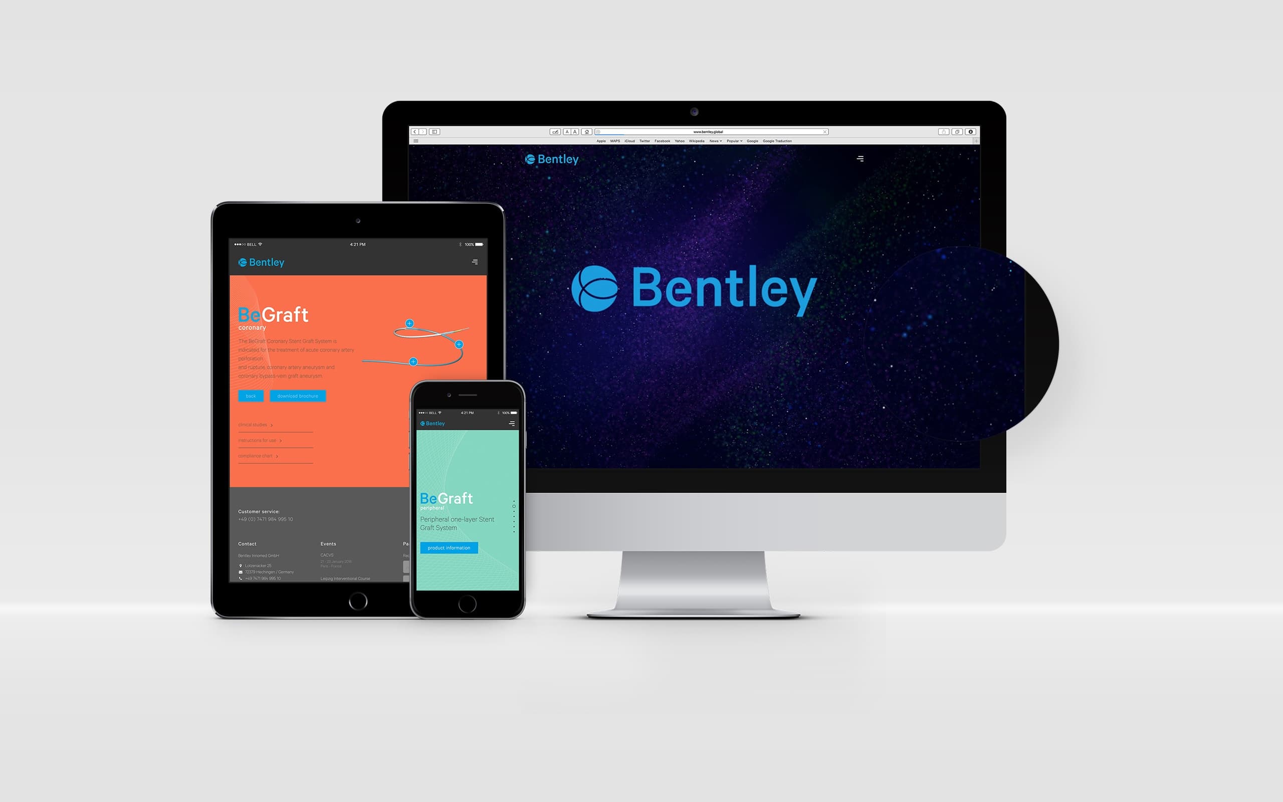 Tablet, smartphone, and desktop displaying Bentley and BeGraft websites on a light gray background.