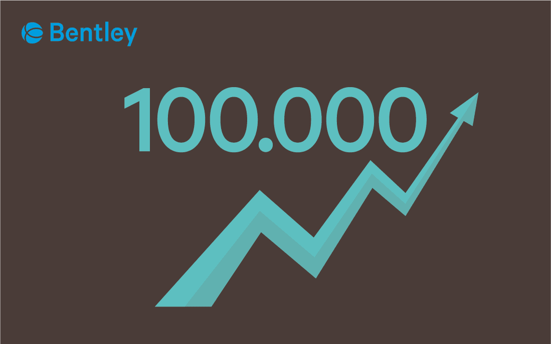 Bentley logo with "100,000" and an upward zigzag arrow, symbolizing growth or achievement, on a dark background.