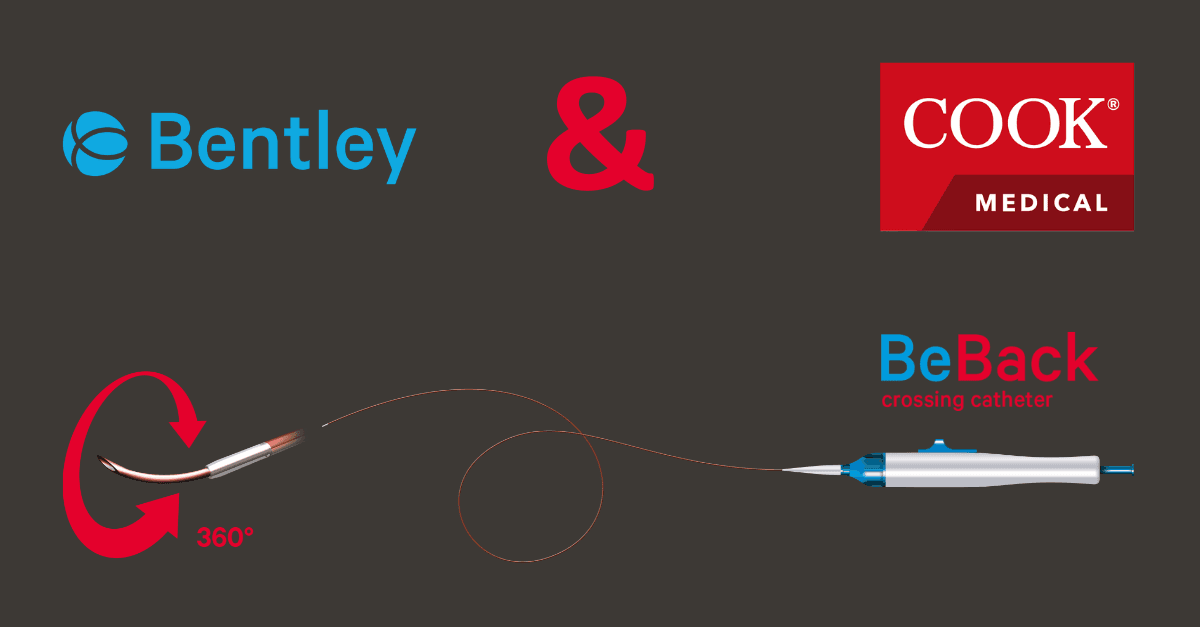 Illustration of a medical device, the BeBack crossing catheter, with logos of Bentley and Cook Medical, and a 360-degree rotation graphic.
