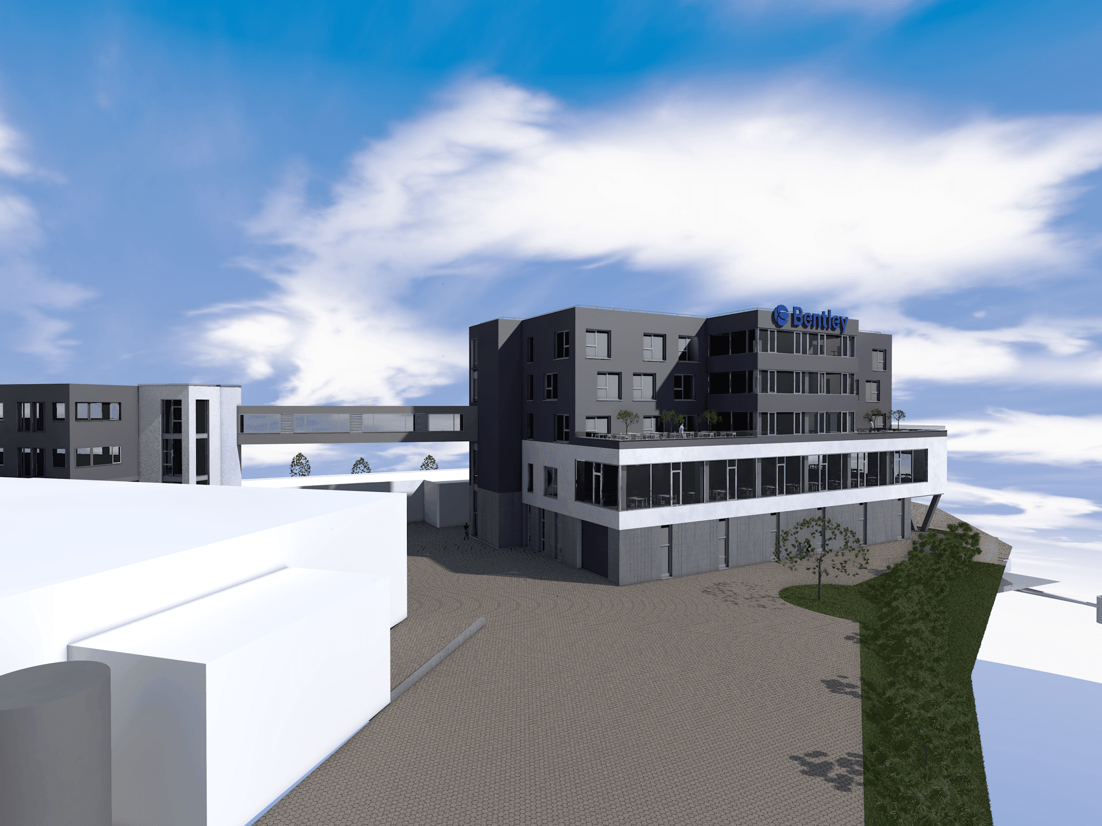 Modern multi-story building with "Bentley" sign, surrounded by paved area and greenery, under a partly cloudy blue sky.