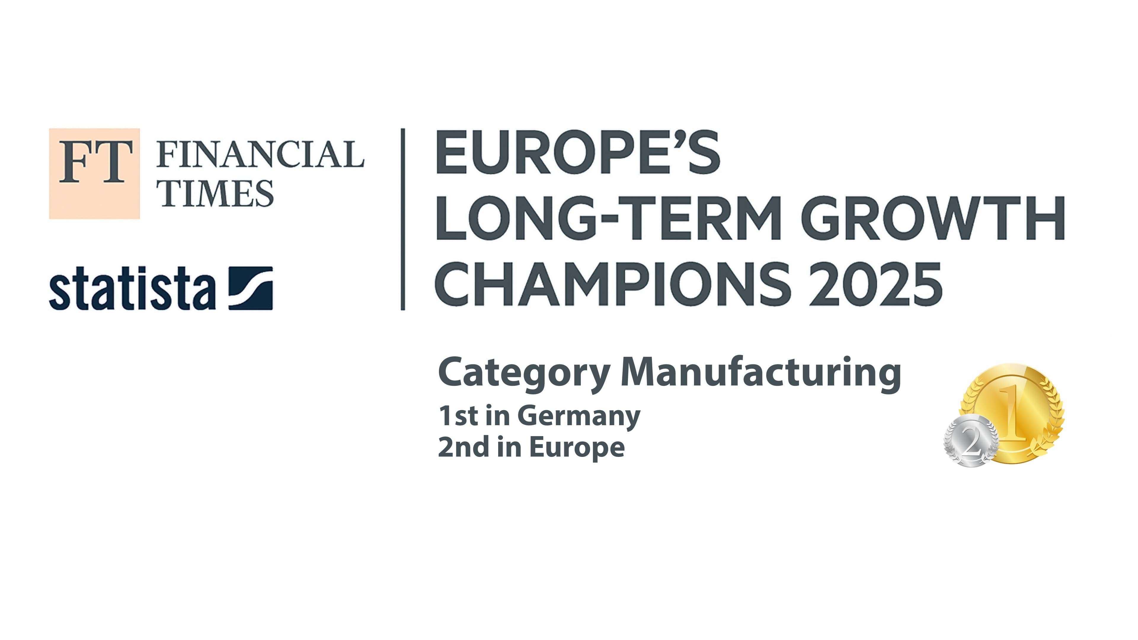 Logo of Financial Times and Statista with text: "Europe's Long-Term Growth Champions 2025, Category Manufacturing, 1st in Germany, 2nd in Europe."