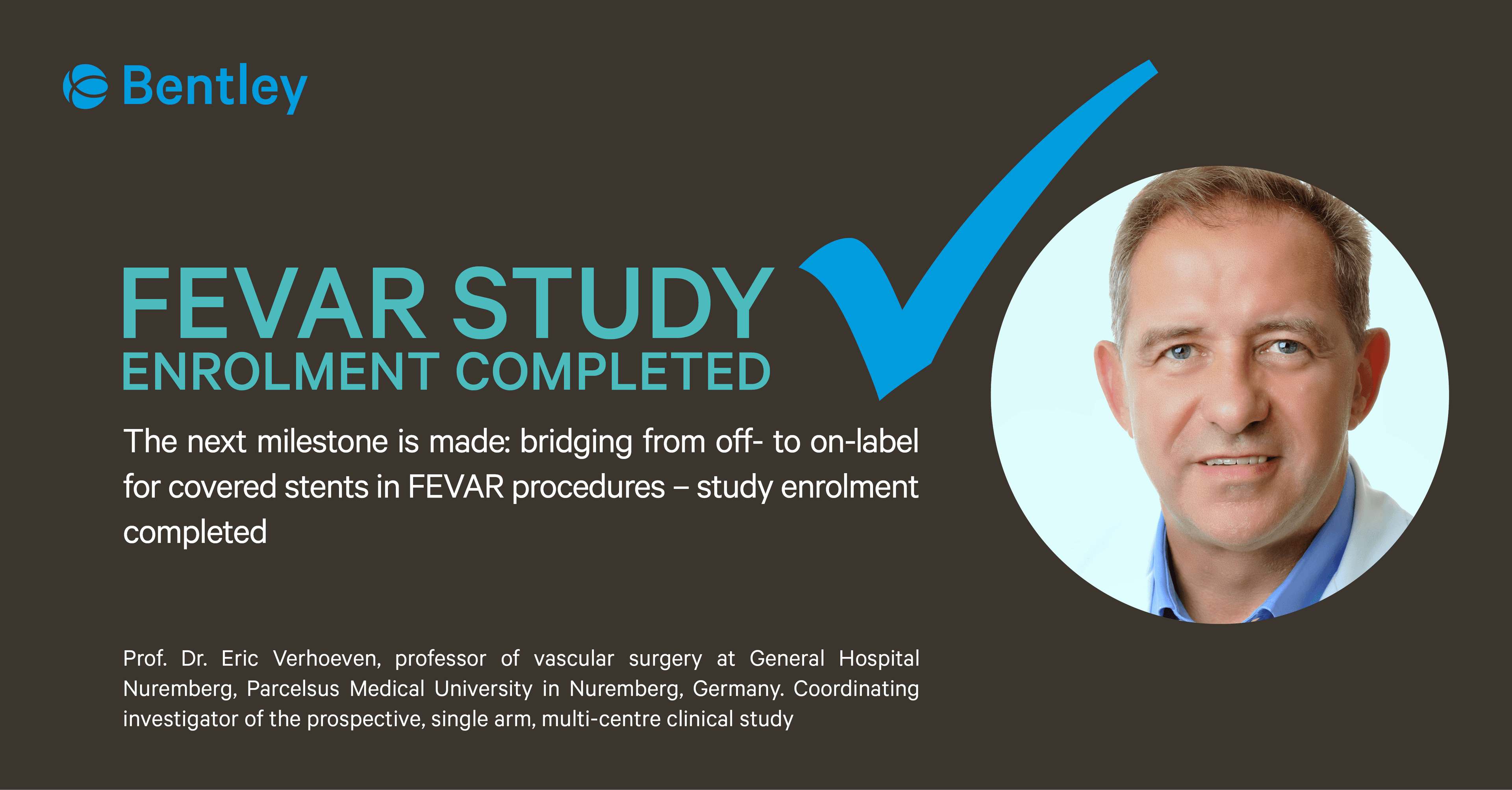 Graphic announcing the completion of the FEVAR study enrollment, featuring a headshot of a man and a large blue checkmark.